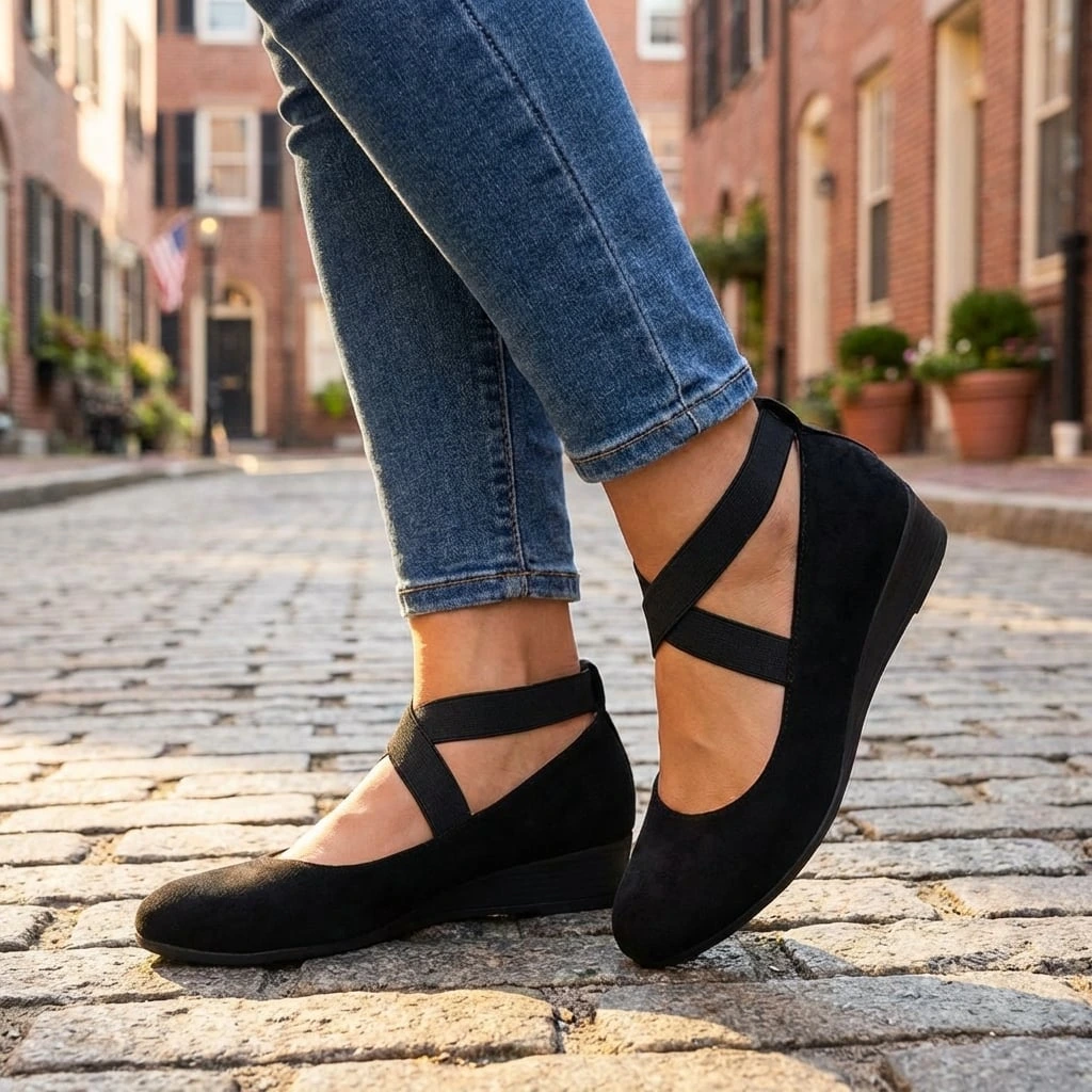 Scarpe con zeppa e fasce elastiche incrociate