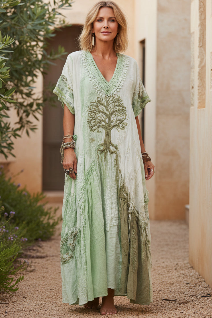 Abito lungo boho con ricamo albero della vita