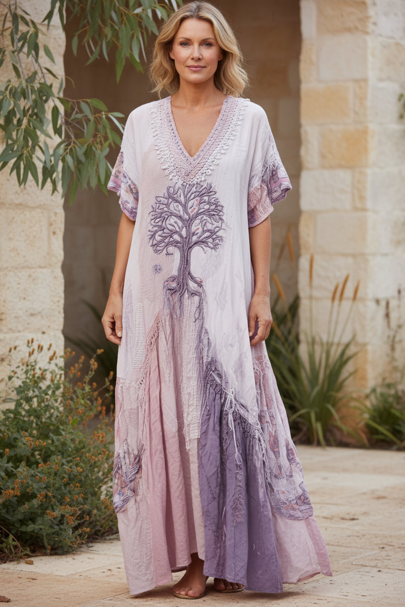 Abito lungo boho con ricamo albero della vita