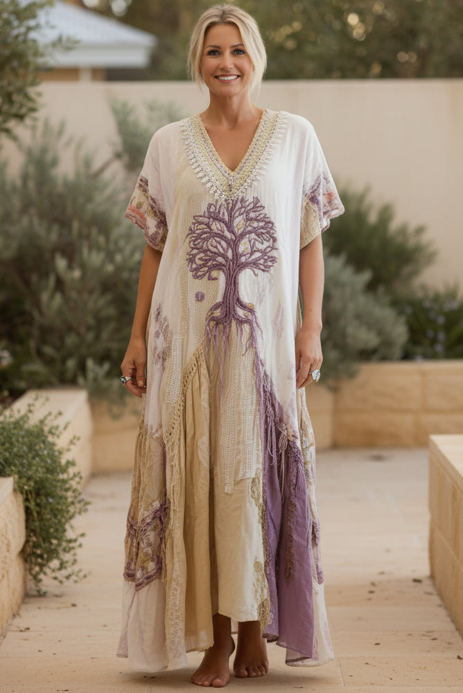 Abito lungo boho con ricamo albero della vita