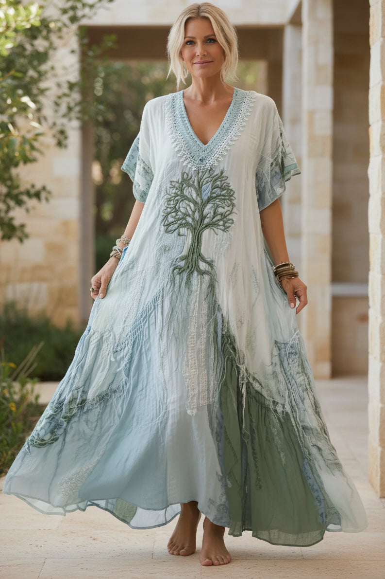Abito lungo boho con ricamo albero della vita
