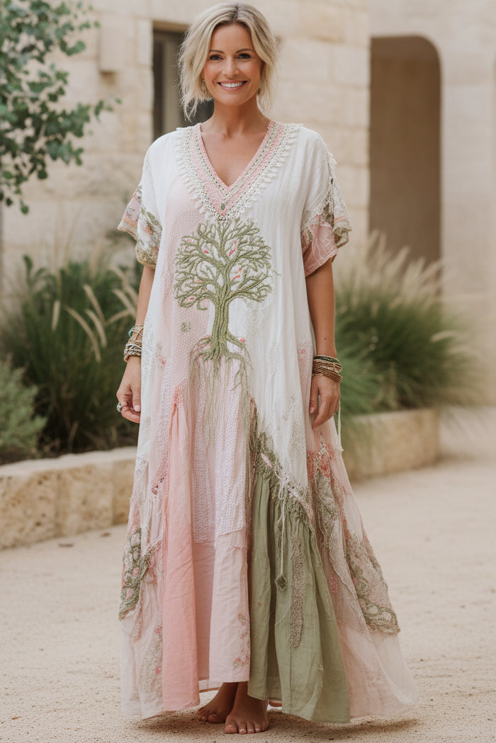 Abito lungo boho con ricamo albero della vita