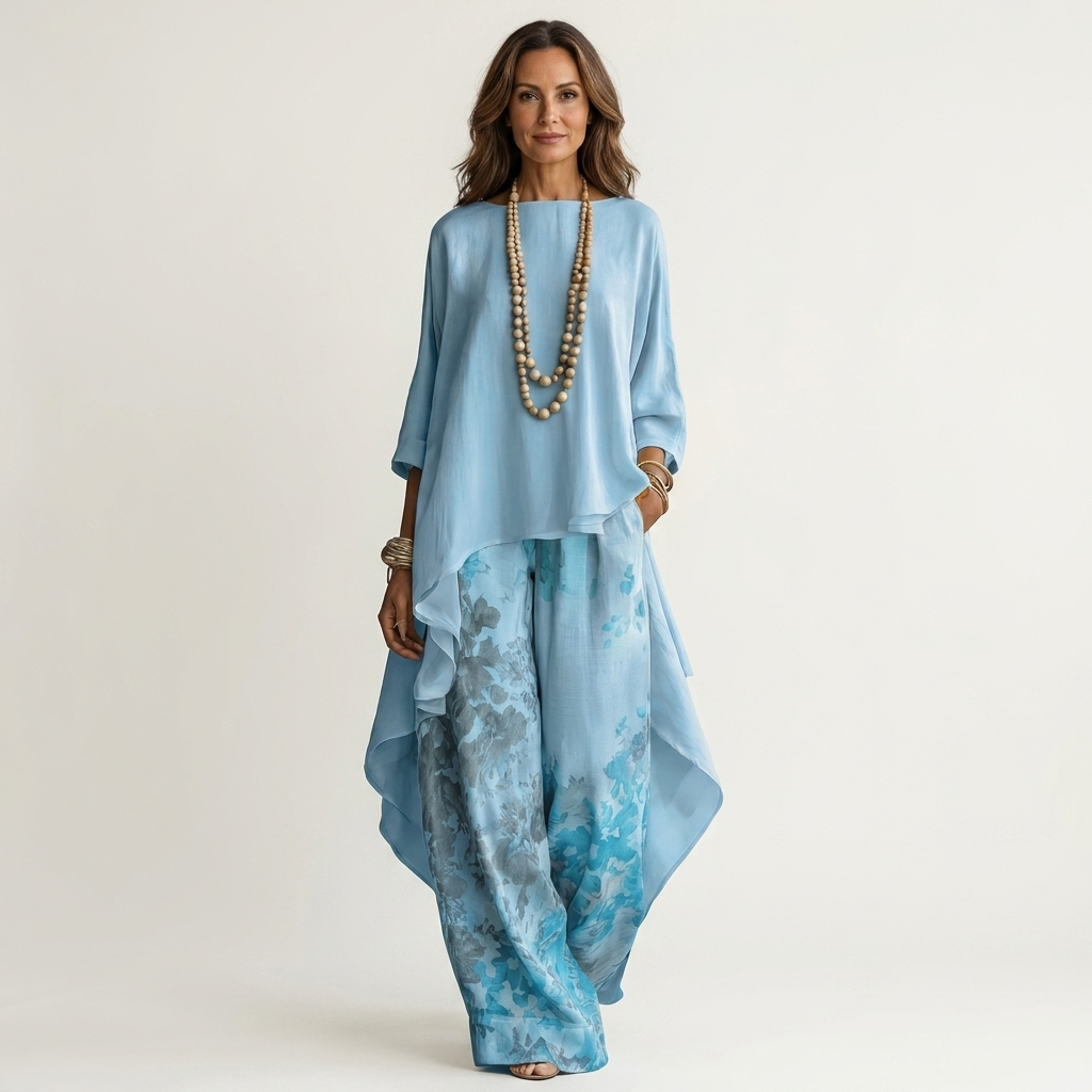 Completo due pezzi con tunica asimmetrica e pantaloni