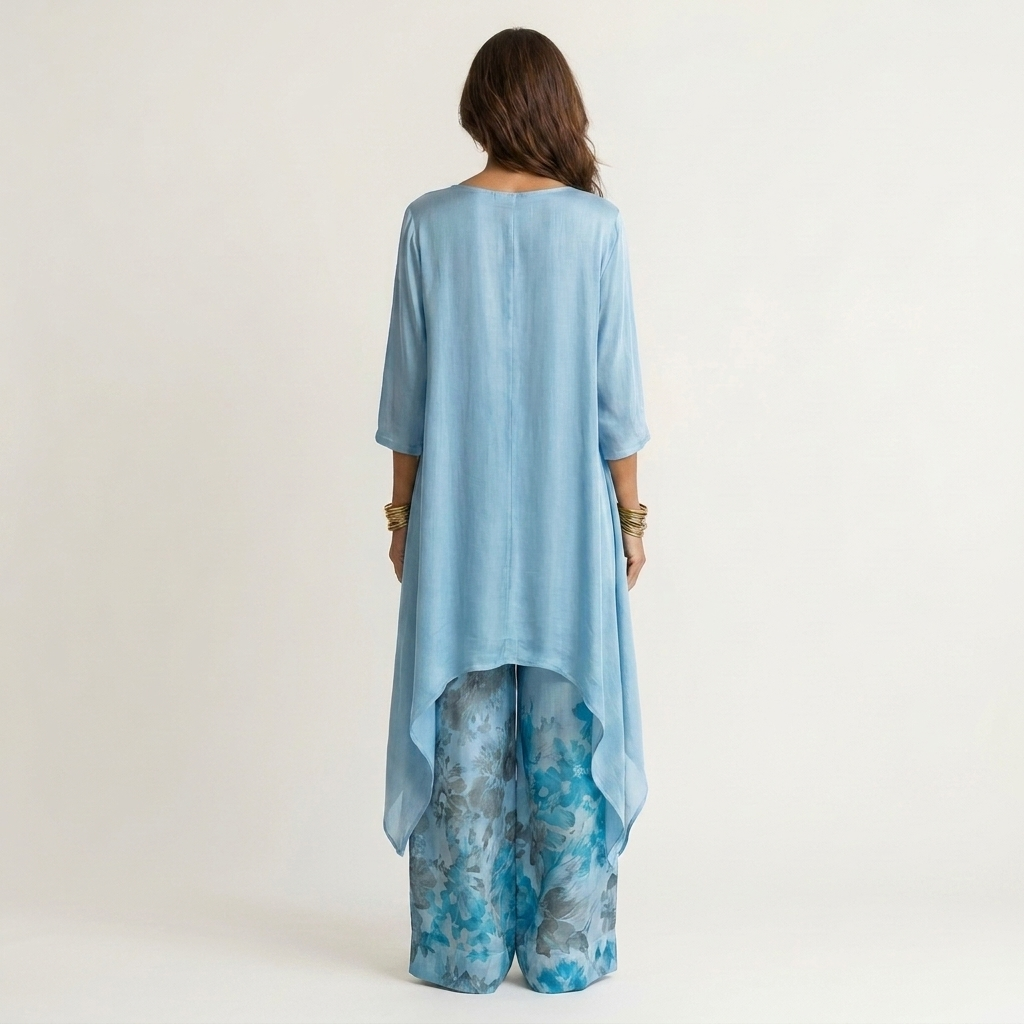 Completo due pezzi con tunica asimmetrica e pantaloni