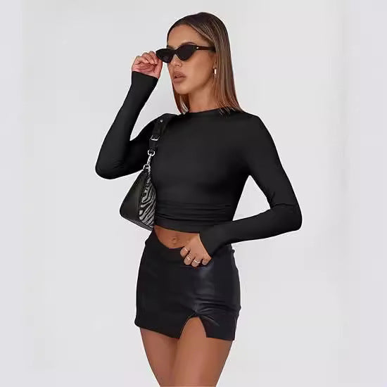 Top basic a girocollo con maniche lunghe