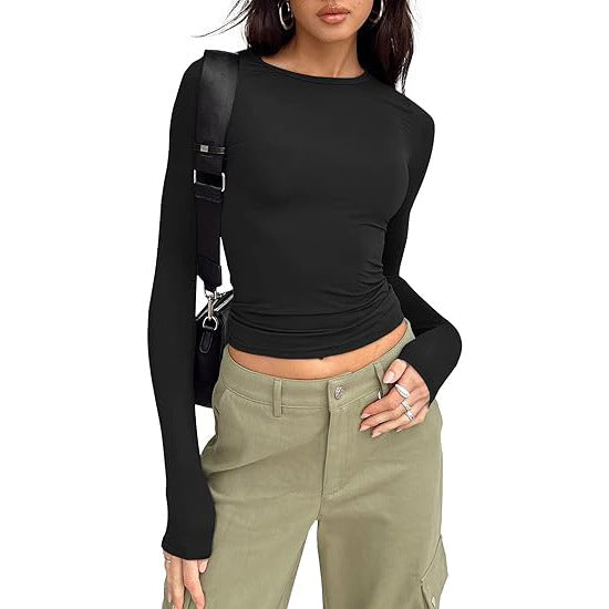 Top basic a girocollo con maniche lunghe