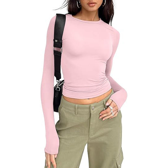 Top basic a girocollo con maniche lunghe