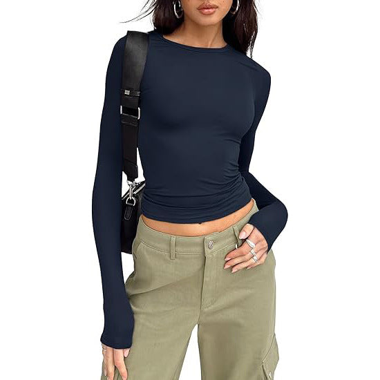 Top basic a girocollo con maniche lunghe