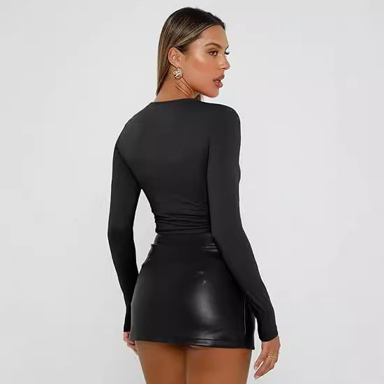 Top basic a girocollo con maniche lunghe
