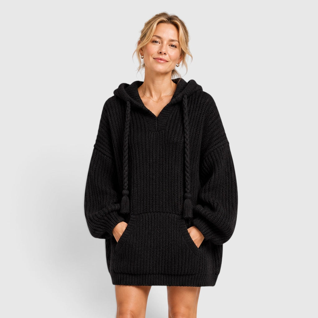 Felpa oversize in ciniglia con cappuccio e scollo a V