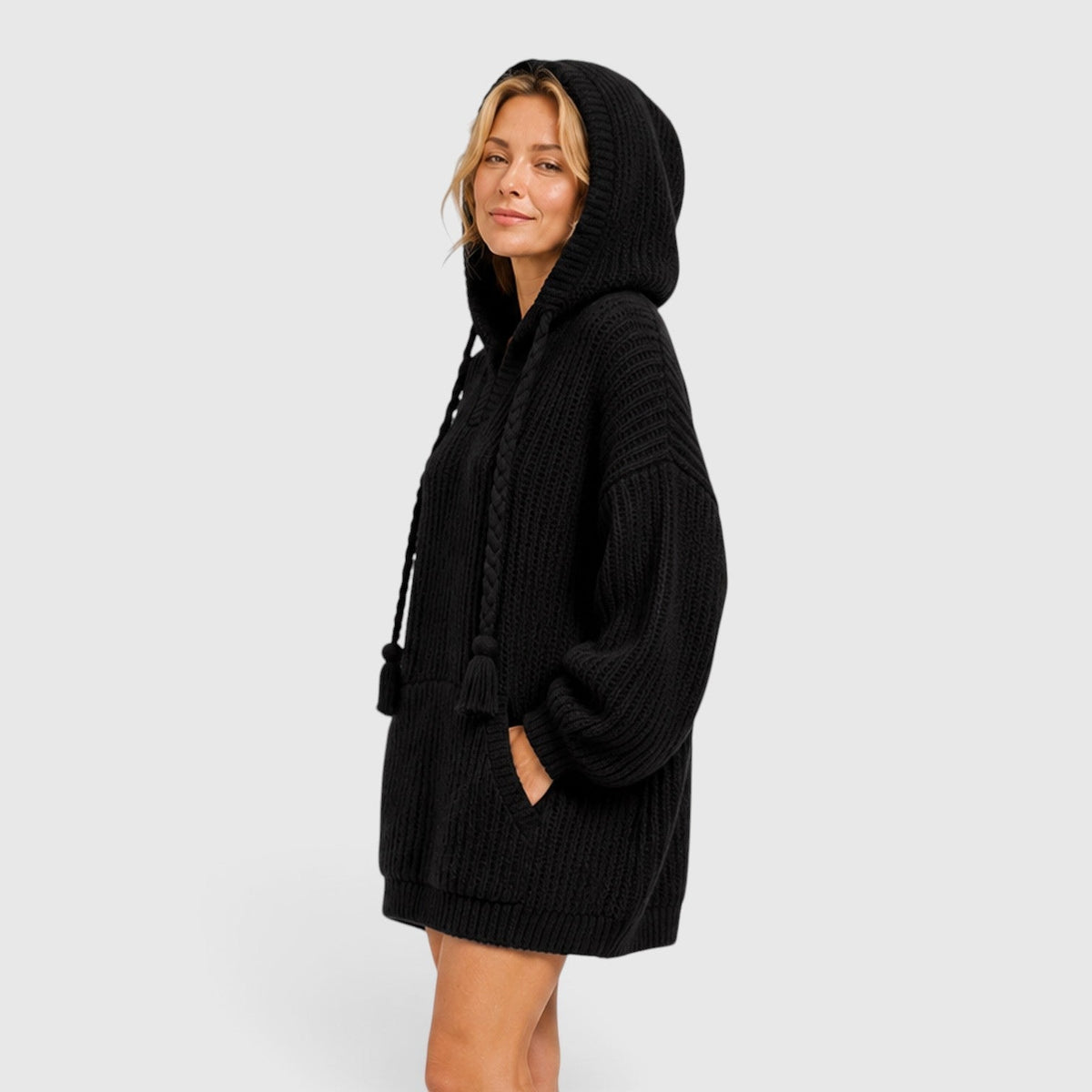 Felpa oversize in ciniglia con cappuccio e scollo a V