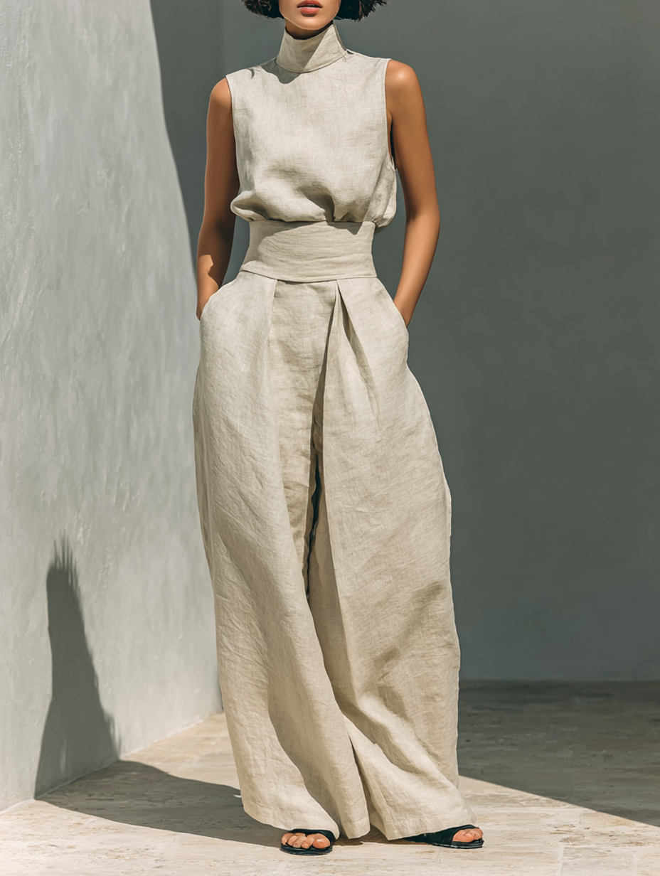 Completo minimal con blusa smanicata e pantaloni ampi
