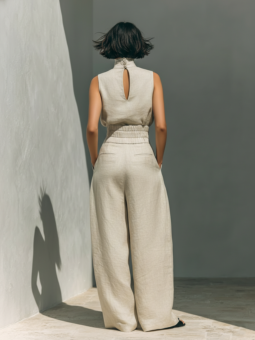 Completo minimal con blusa smanicata e pantaloni ampi