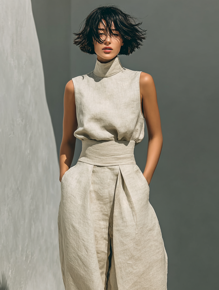 Completo minimal con blusa smanicata e pantaloni ampi