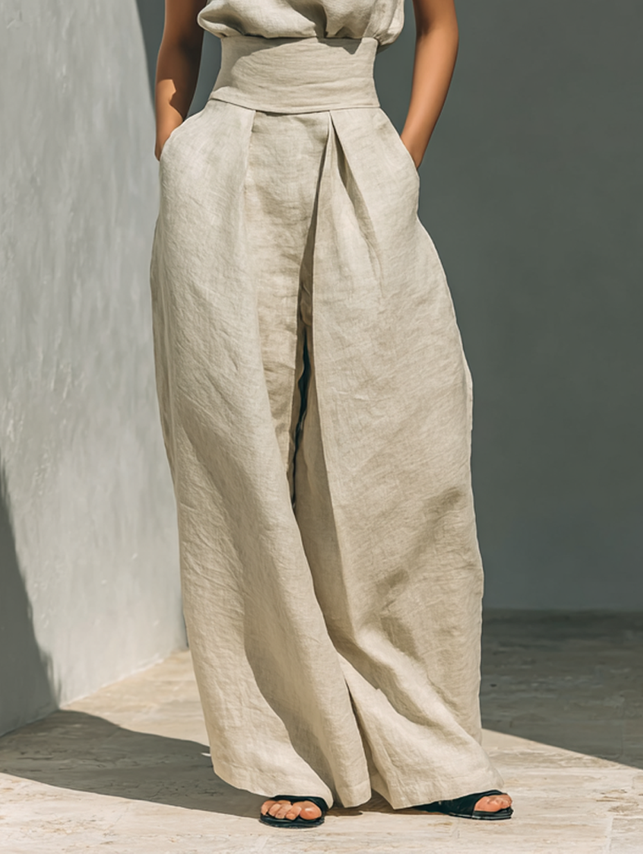 Completo minimal con blusa smanicata e pantaloni ampi