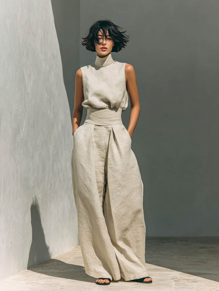 Completo minimal con blusa smanicata e pantaloni ampi