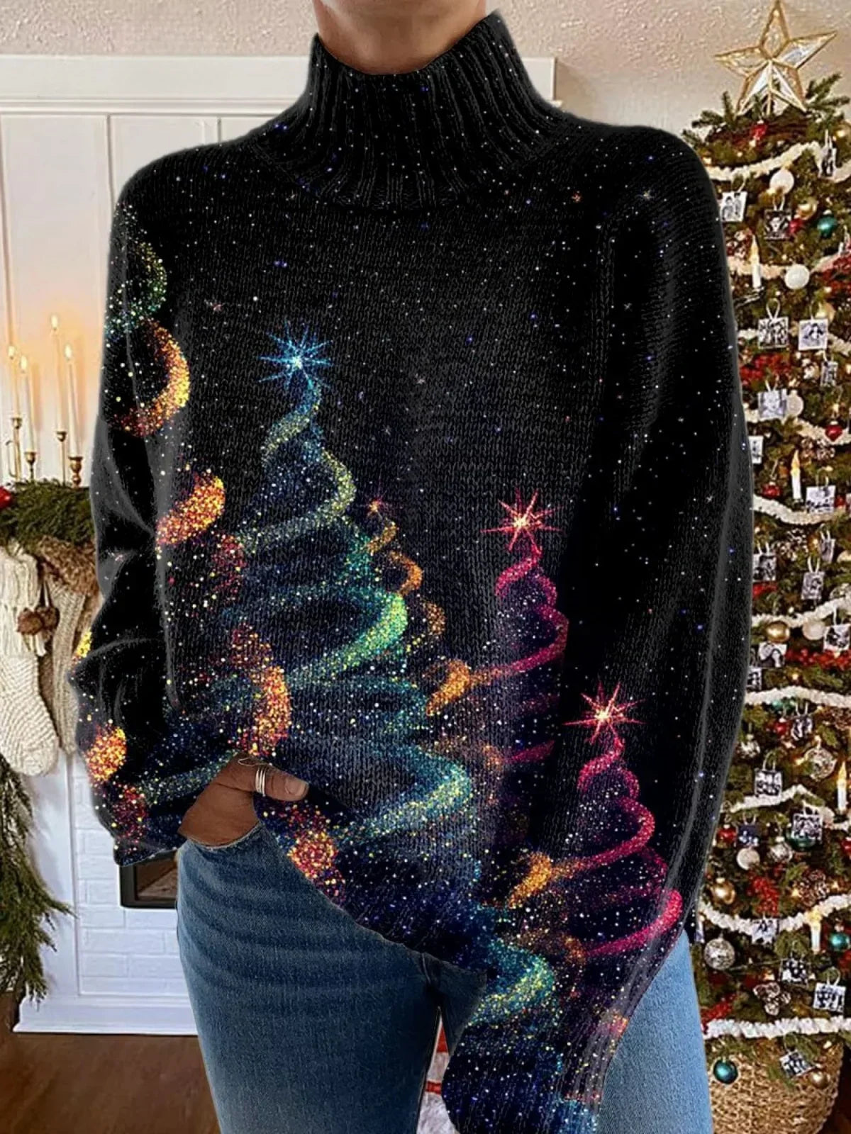 Maglione a collo alto con glitter e maniche lunghe