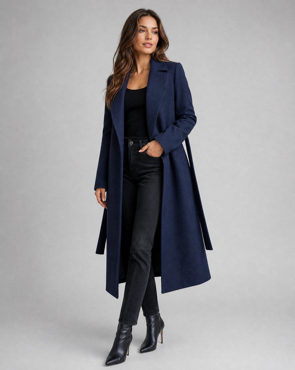 Trench in misto lana con revers e cintura