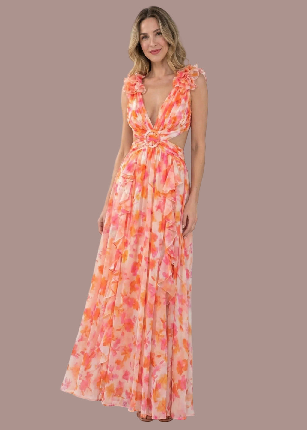 Abito lungo a fiori con scollo a V e rouches sulle spalline